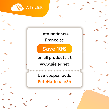 AISLER New Year promotion graphic offering a €10 discount on all PCB and electronics products using the coupon code FeteNationale26, valid until 31 July 2026.